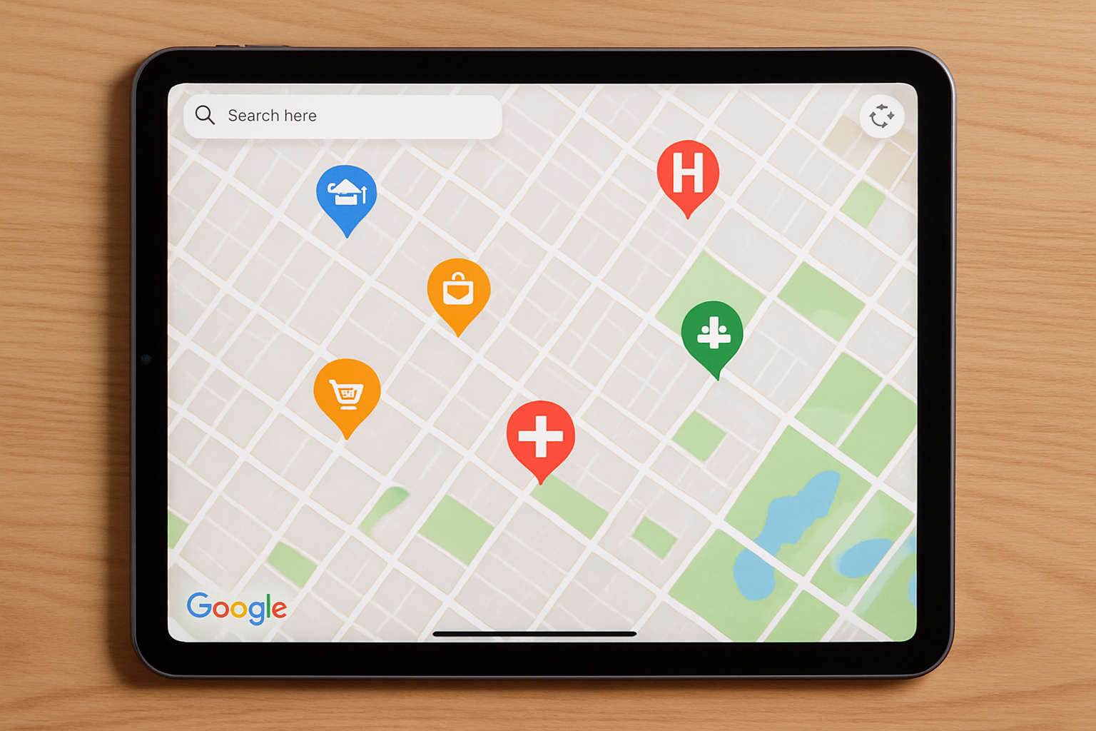 Ipad con un mapa de google maps donde se pueden ver marcados con conos donde se encuentran escuelas tiendas hospitales y parques-1