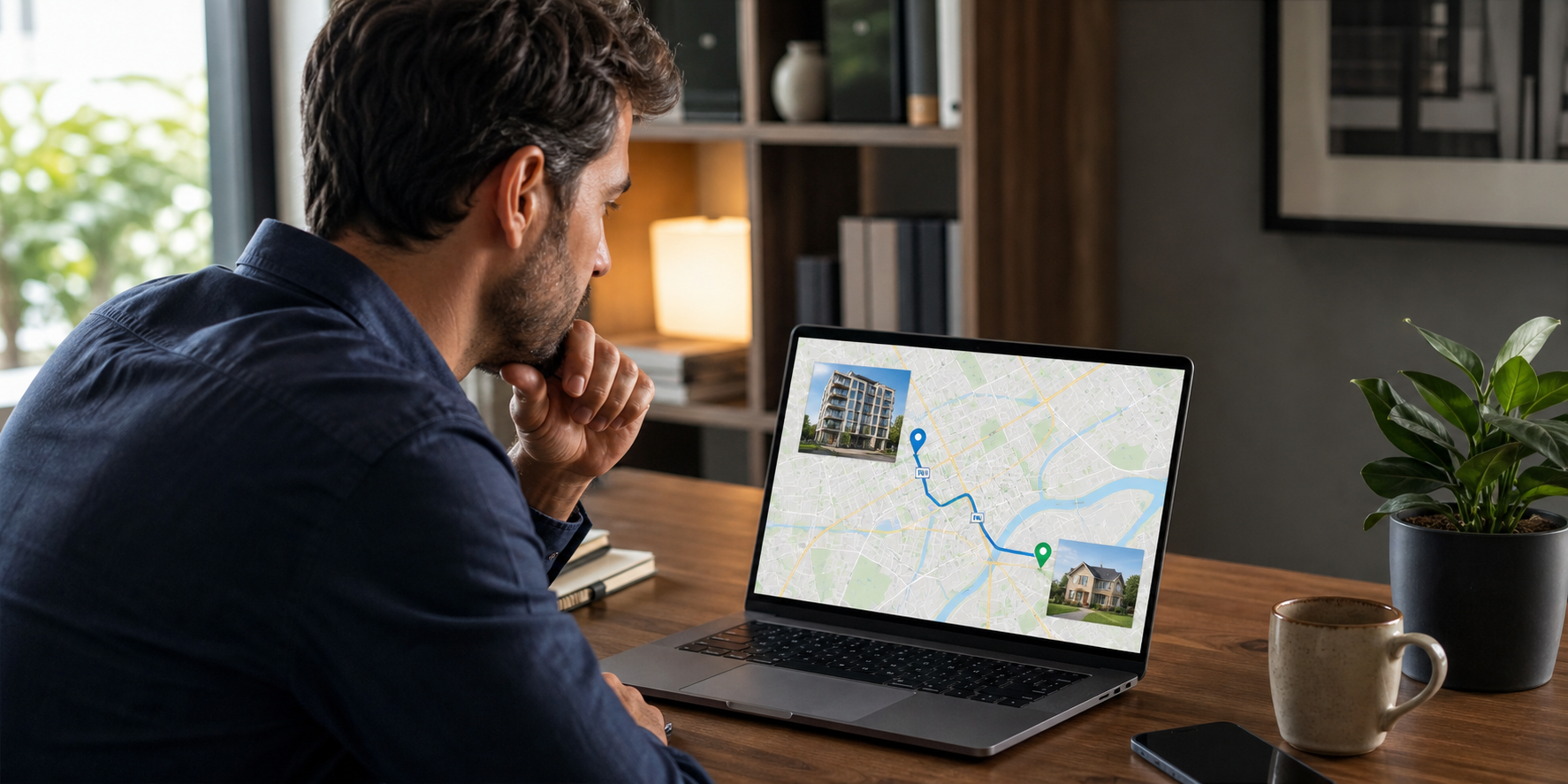 Hombre analizando en&nbsp;Google Maps&nbsp;dos opciones inmobiliarias: un departamento&nbsp;dentro de&nbsp;una zona céntrica&nbsp;de la ciudad&nbsp;y una casa en&nbsp;las afueras.