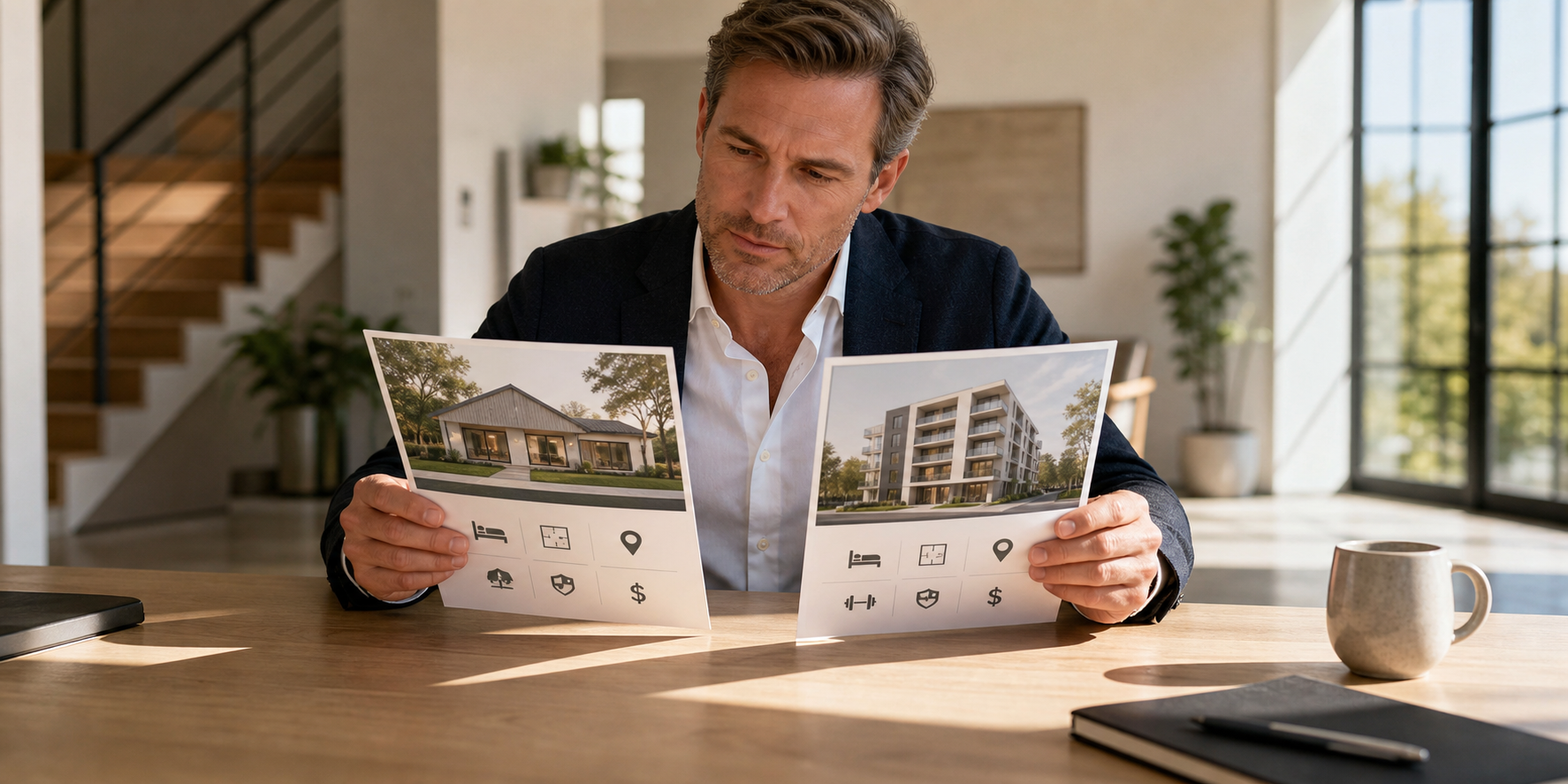 Hombre comparando cuidadosamente dos brochures inmobiliarios sobre una mesa, uno con las características de una casa y otro con las características de un departamento.
