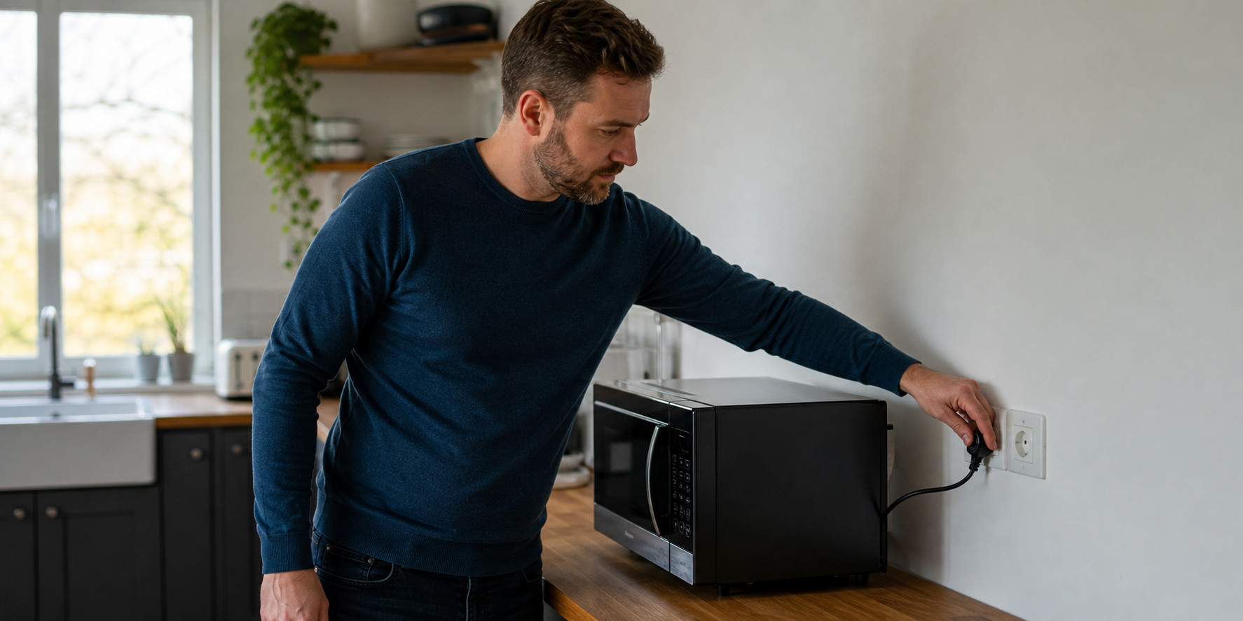 Man Disconnecting Unused Microwave to Save Energy in Modern Kitchen
