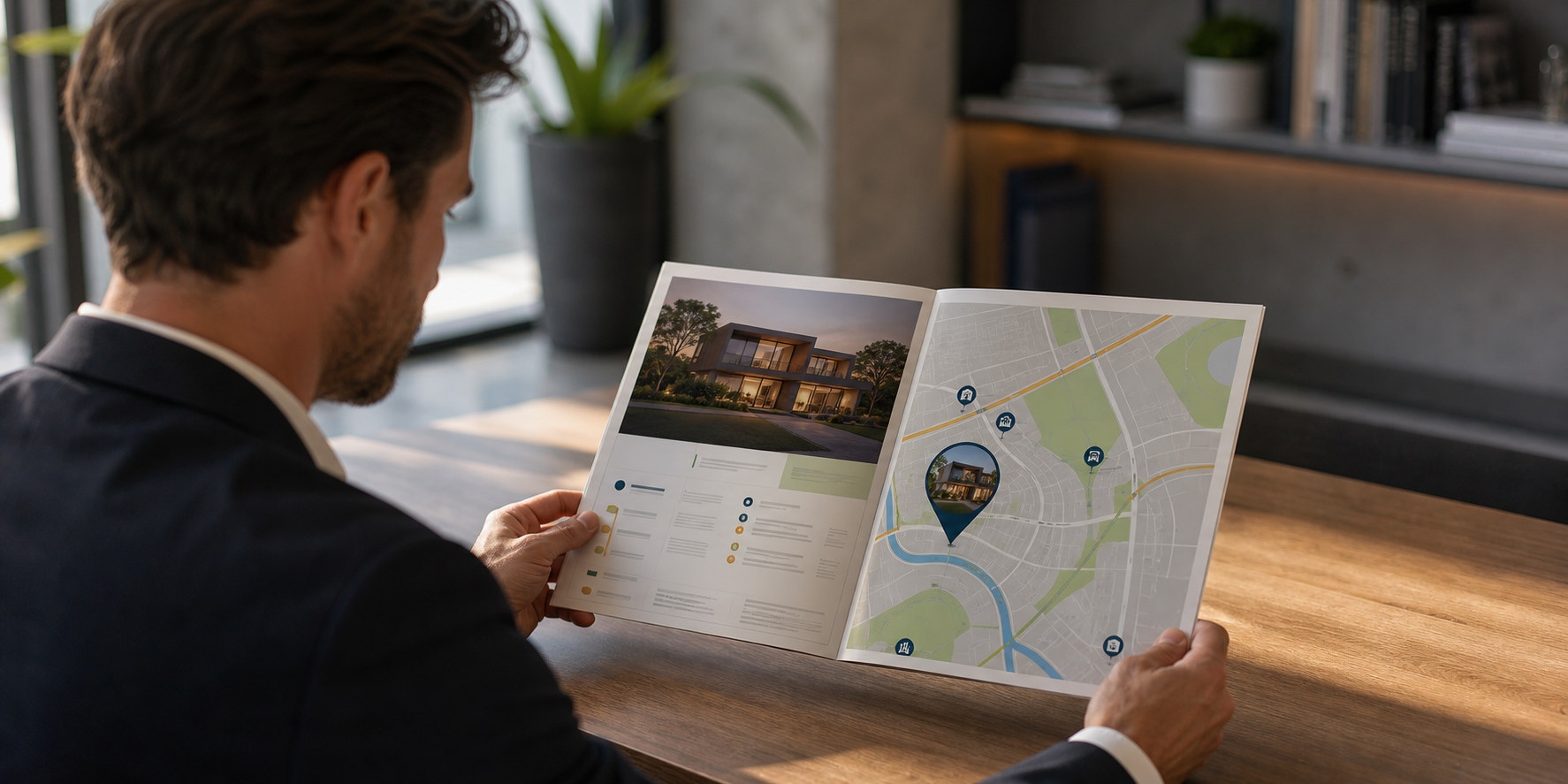 Hombre observando un brochure inmobiliario con información visual sobre la ubicación de una casa y sus vías de comunicación cercanas.