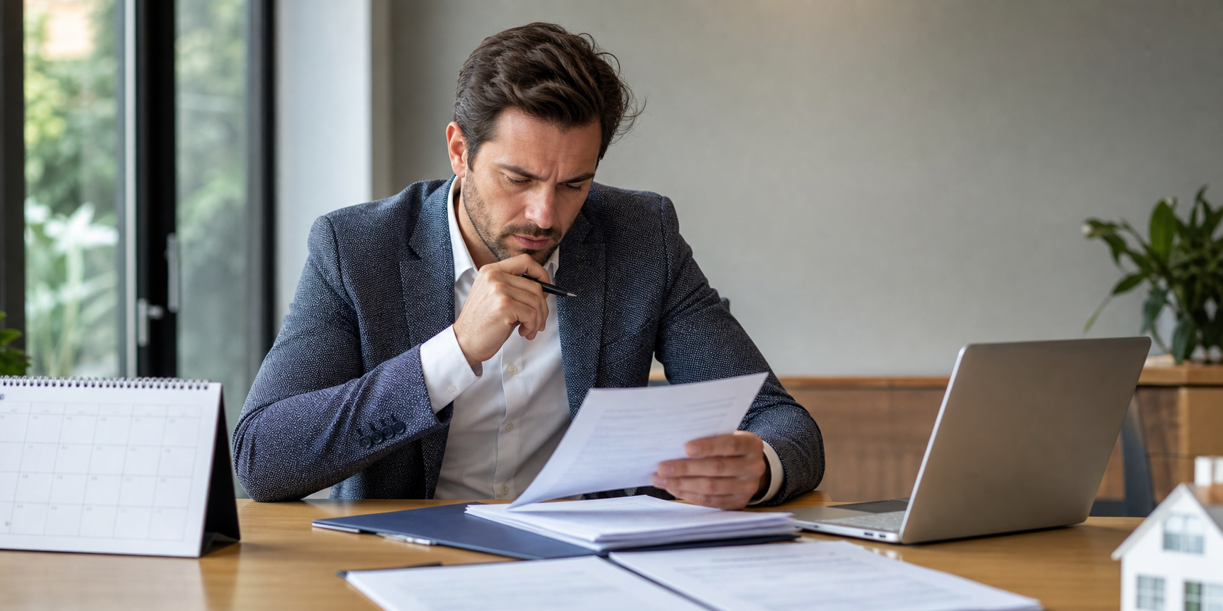 Man Reviewing Construction Contract on Professional Desk