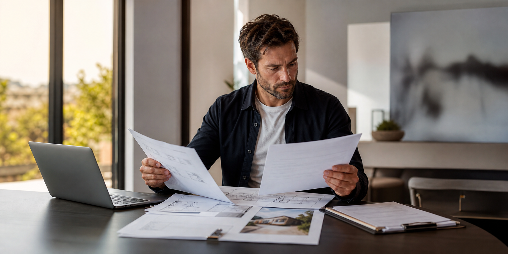 Man Reviewing Property Documents in Modern Office Setting
