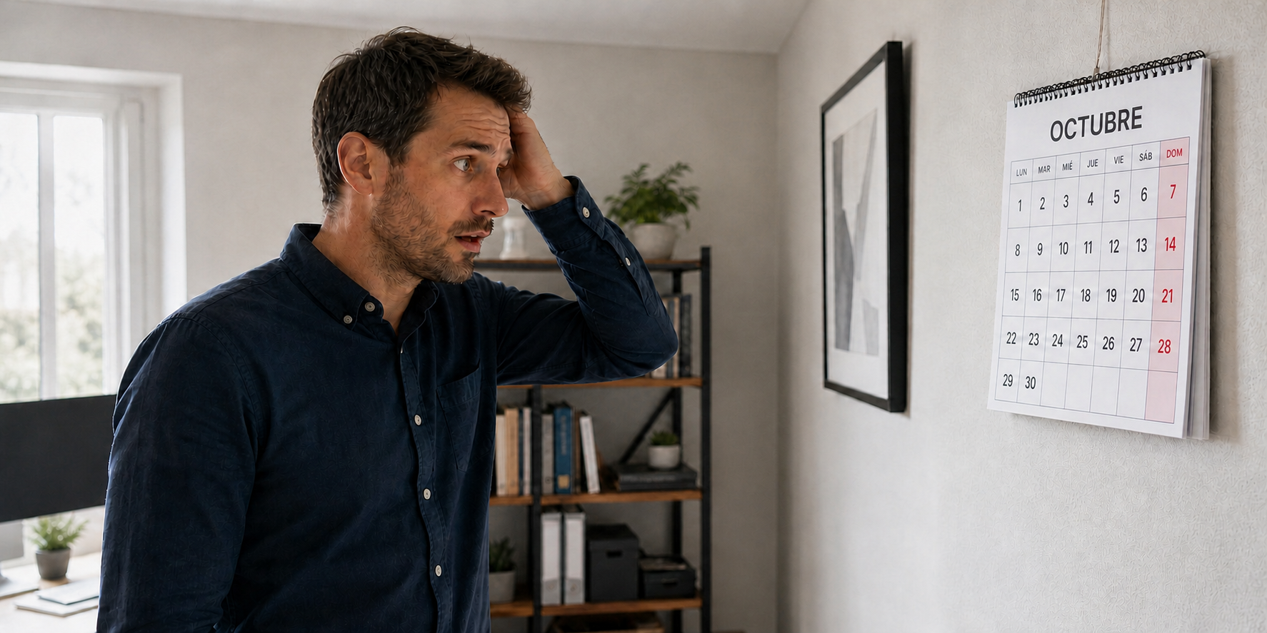Un hombre mirando un calendario con expresión de sorpresa y un poco de preocupación al darse cuenta de que ya es domingo.