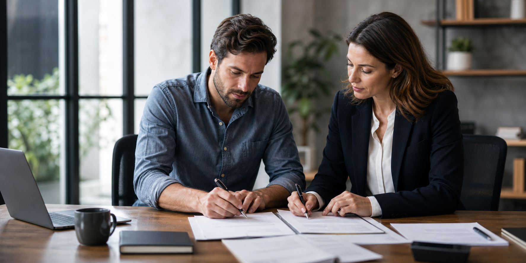 Man and Mortgage Advisor Signing Loan Documents in Modern Office
