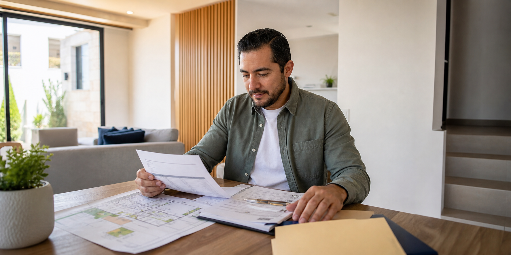 Hombre revisando cuidadosamente documentos y las características de una casa que está por comprar mediante un crédito FOVISSSTE.