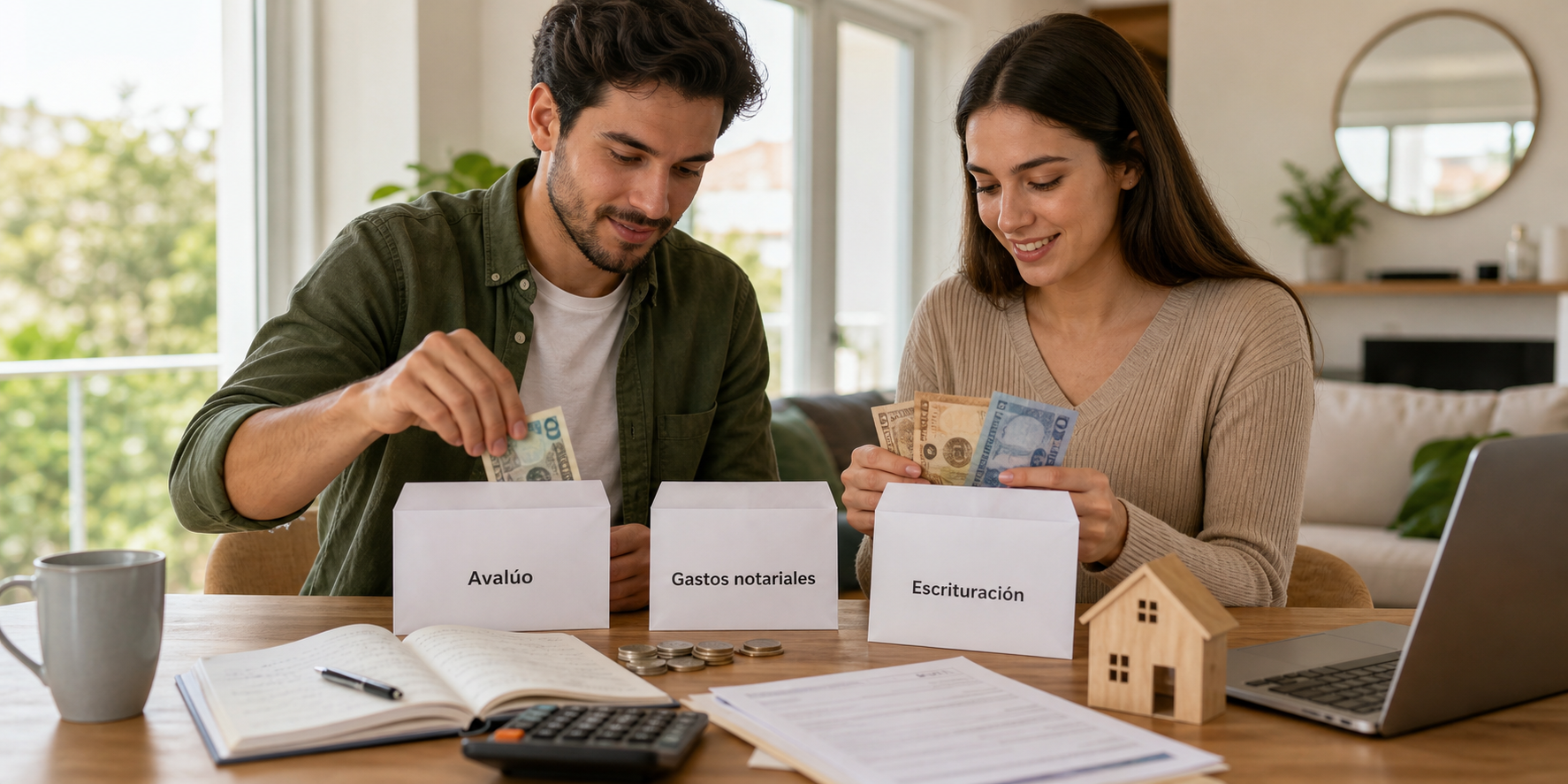 Una pareja planificando la compra de su nuevo hogar y ahorrando para los gastos asociados, sentados en una mesa moderna y luminosa revisando su presupuesto. Están separando billetes y monedas en sobres claramente etiquetados como "Avalúo", "Gastos notariales" y "Escrituración". Sobre la mesa también hay una calculadora, una libreta con un plan financiero, una laptop, documentos relacionados con la compra de una vivienda y una maqueta de una casa de madera que representa su futuro hogar. La pareja luce concentrada, tranquila y optimista, transmitiendo organización y responsabilidad financiera. El ambiente es cálido y contemporáneo, con luz natural entrando por grandes ventanales, decoración elegante y minimalista, plantas de interior y una taza de café. Estilo fotorrealista, iluminación cinematográfica, ultra detallado, calidad 8K, profundidad de campo, colores cálidos y una atmósfera de ilusión y preparación para la compra de una vivienda..