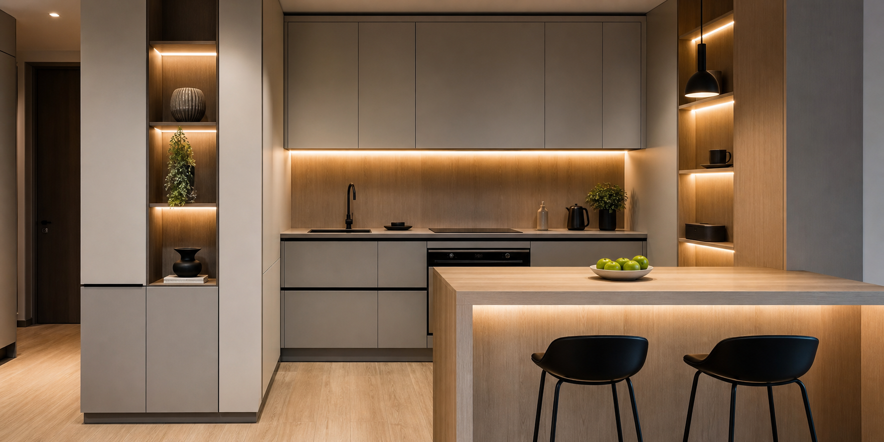Modern Minimalist Kitchen with Hidden Storage and Warm LED Lighting-1