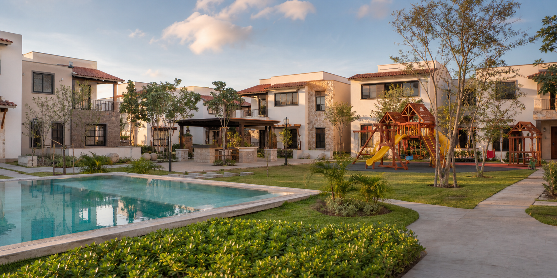 Desarrollo residencial moderno y familiar, con varias casas contemporáneas rodeando una alberca comunitaria amplia y limpia, junto a un área de juegos infantiles.
