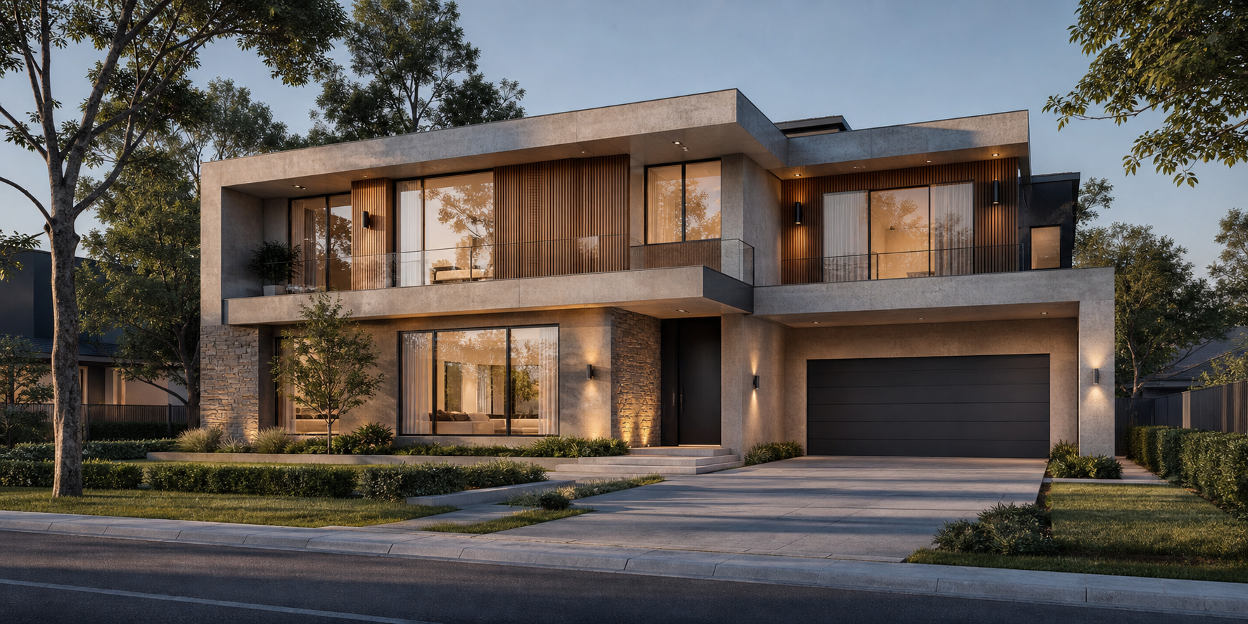 Vista exterior frontal de una vivienda residencial de dos plantas con diseño arquitectónico contemporáneo. La planta baja cuenta con acceso principal, cochera para dos autos.