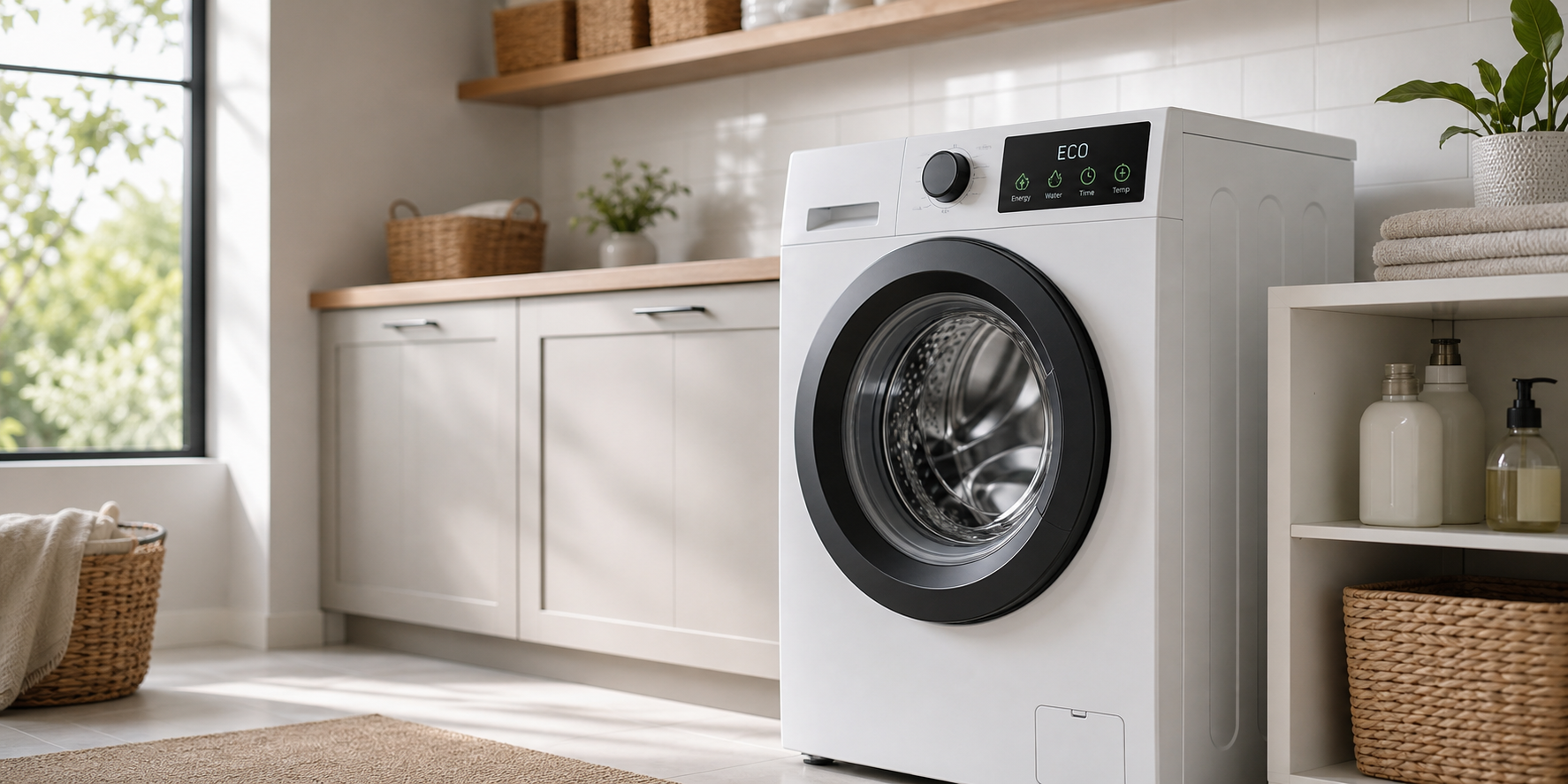 Modern Washer with ECO Features in Elegant Laundry Room