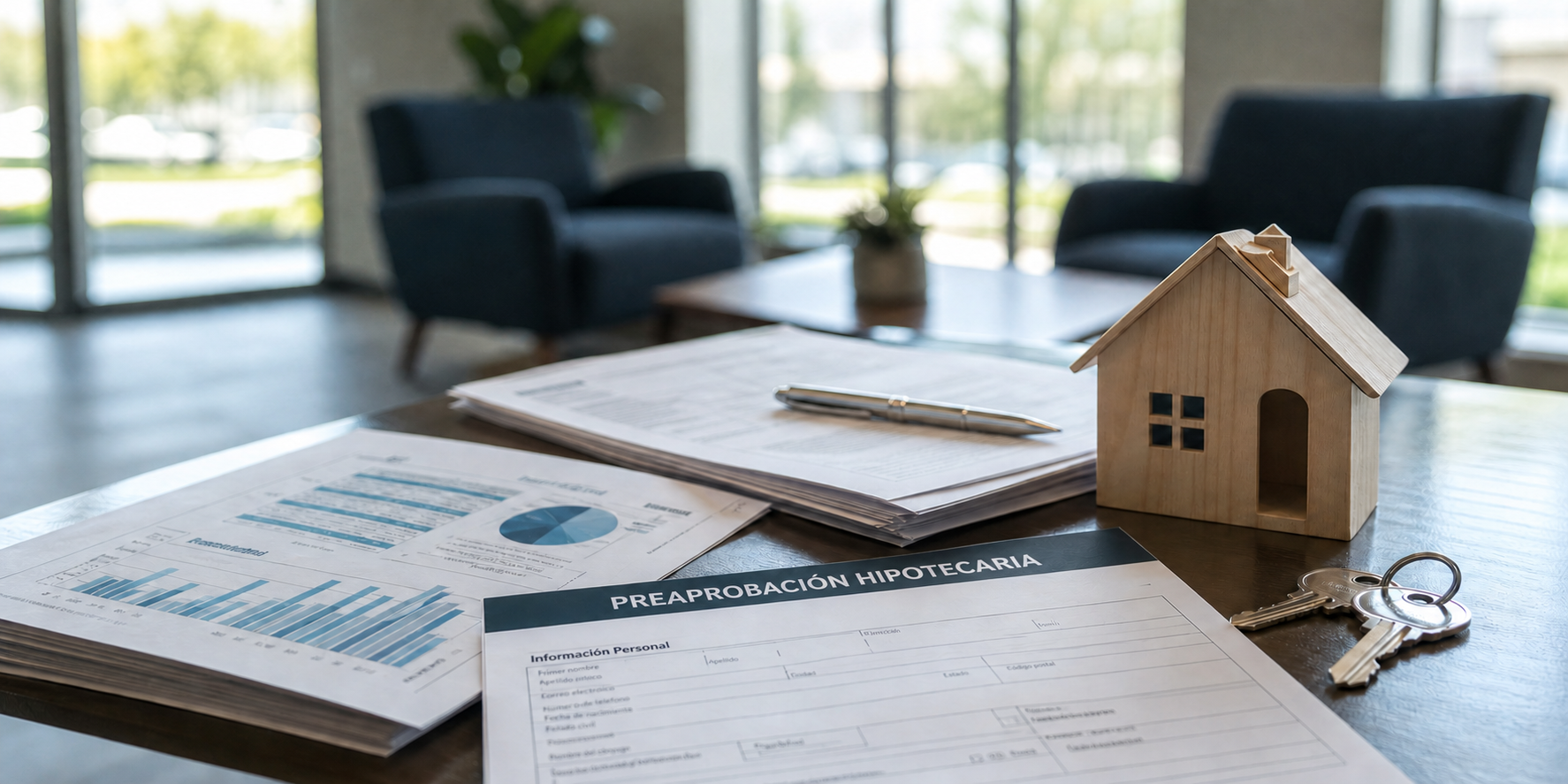 Documentos de preaprobación hipotecaria colocados sobre un escritorio dentro de una oficina bancaria moderna.Mortgage Preapproval Documents And Model Home Keys-1