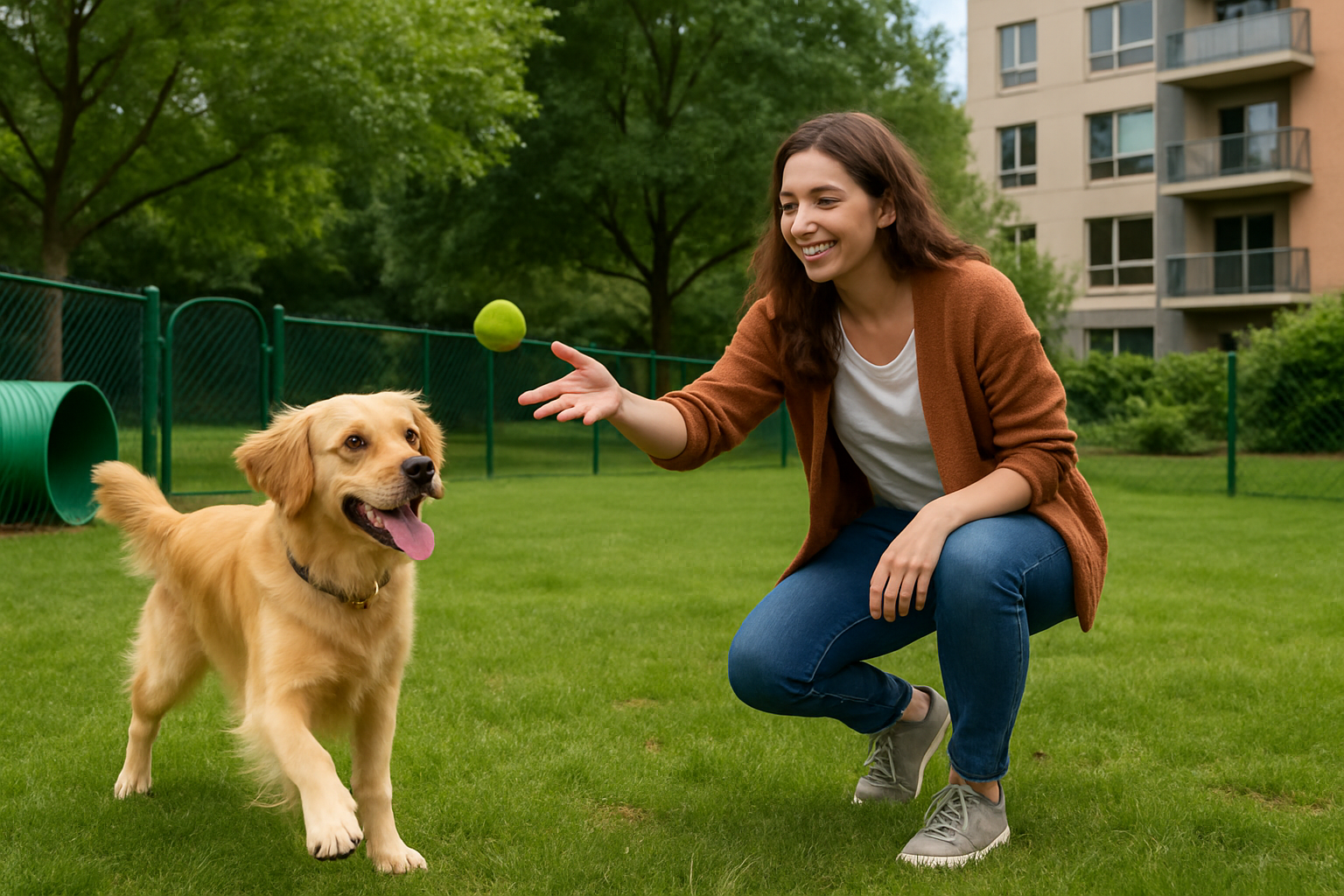 Mujer jugando con su perro en el rea pet friendly que tiene cerca de su casa se alcanzan a ver reas verdes-1