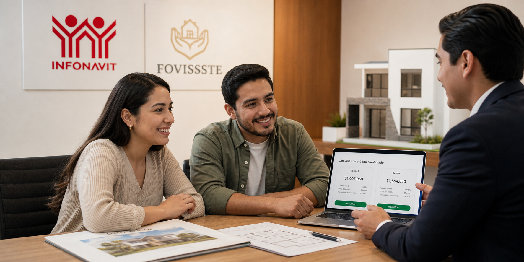 Asesor les explica a una pareja cómo unir sus créditos Infonavit y FOVISSSTE para financiar la compra de su primera casa.