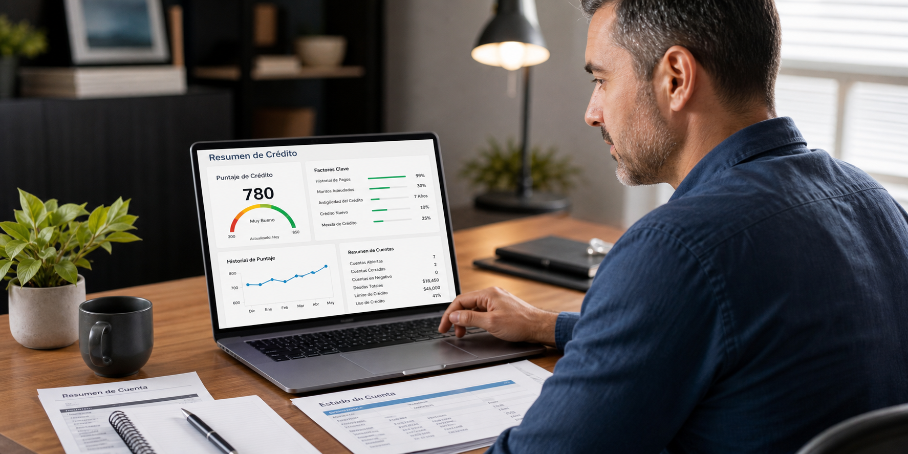 Una persona revisando su score crediticio en una computadora portátil, mirando una pantalla con un reporte financiero, con gráficos de crédito e indicadores de puntuación.