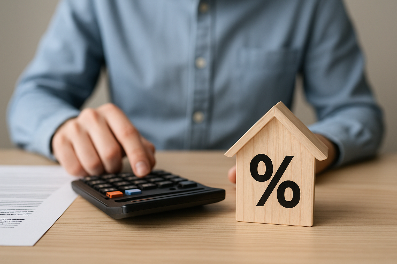 Persona en un escritorio y con una calculadora con una casa de madera que tiene pintado un signo de-2