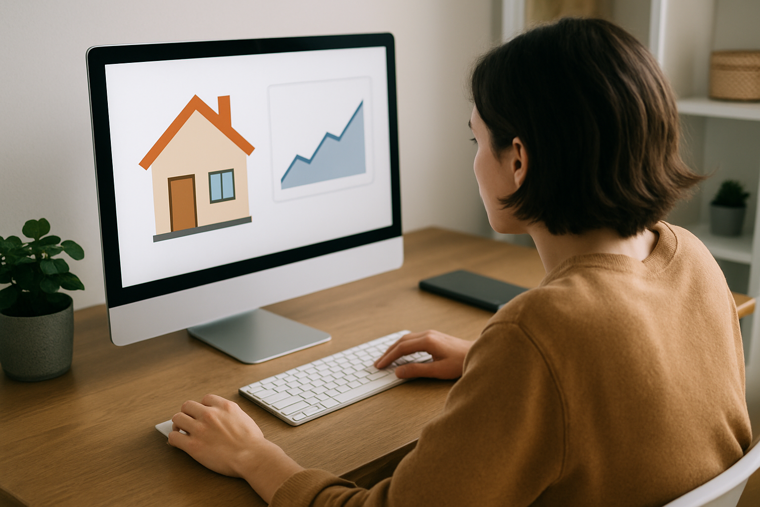 Persona joven sentada en un escritorio utilizando la computadora para utilizar el simulador de crdito hipotecario para comprar casa pero que no tenga