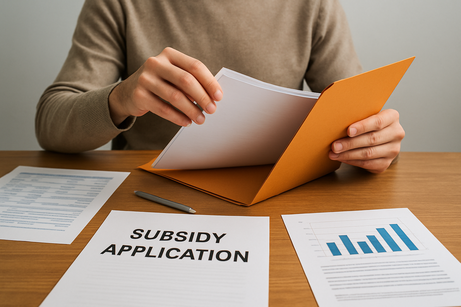 Persona reuniendo papeles y documentos en un folder para poder solicitar un subsidio