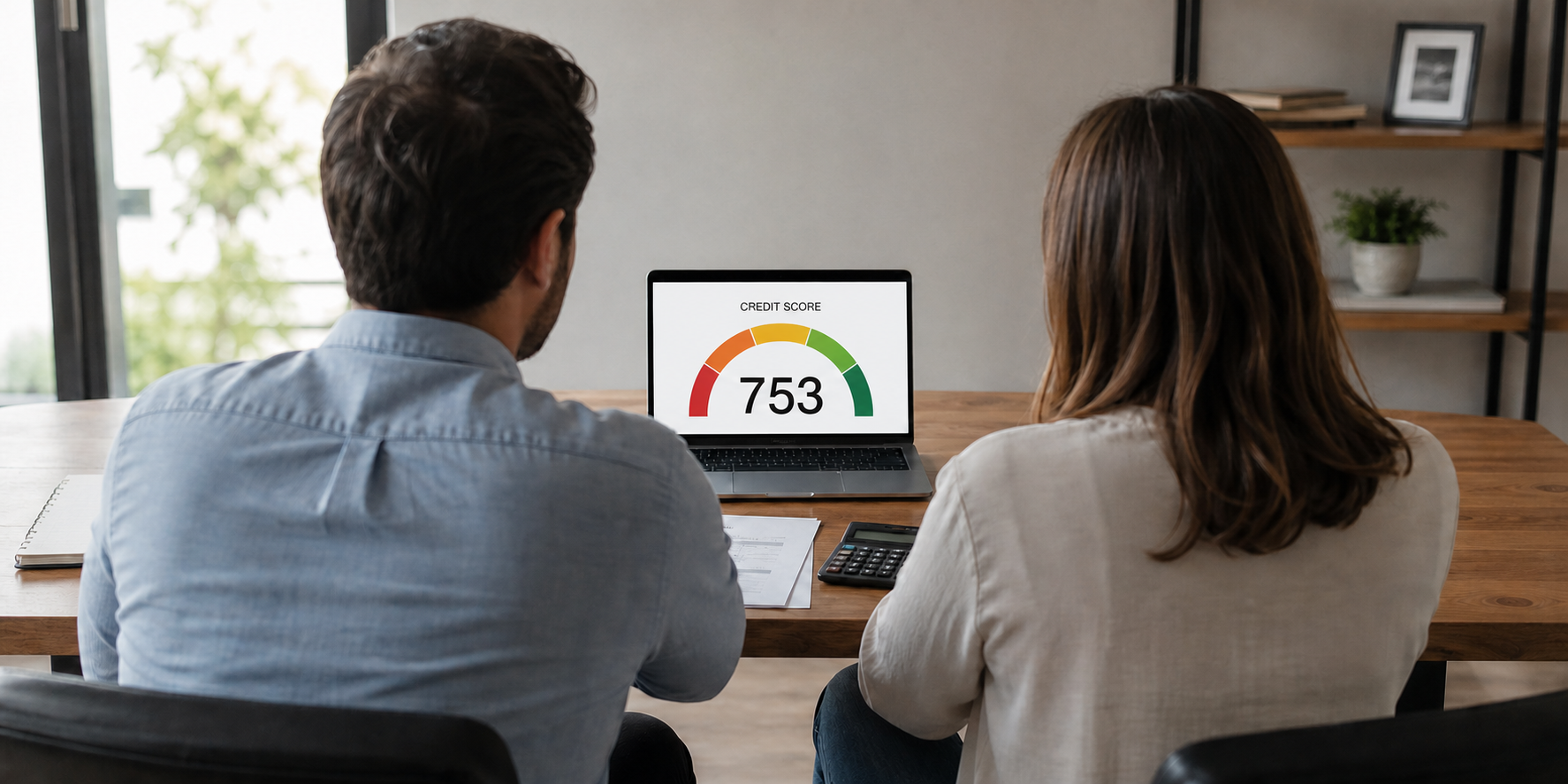 Una pareja joven sentada frente a una computadora portátil, mirando atentamente la pantalla donde aparece su score crediticio.