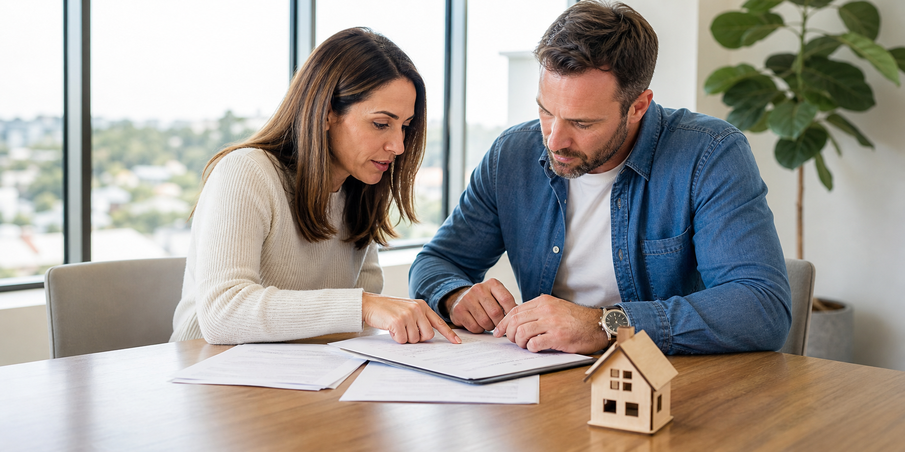 Professional Couple Reviewing Real Estate Contract at Modern Desk