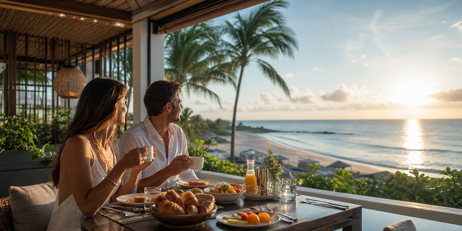 Una pareja desayunando en un restaurante frente al mar Caribe, sentados en una terraza con vista panorámica a la playa de arena blanca y aguas turquesa.