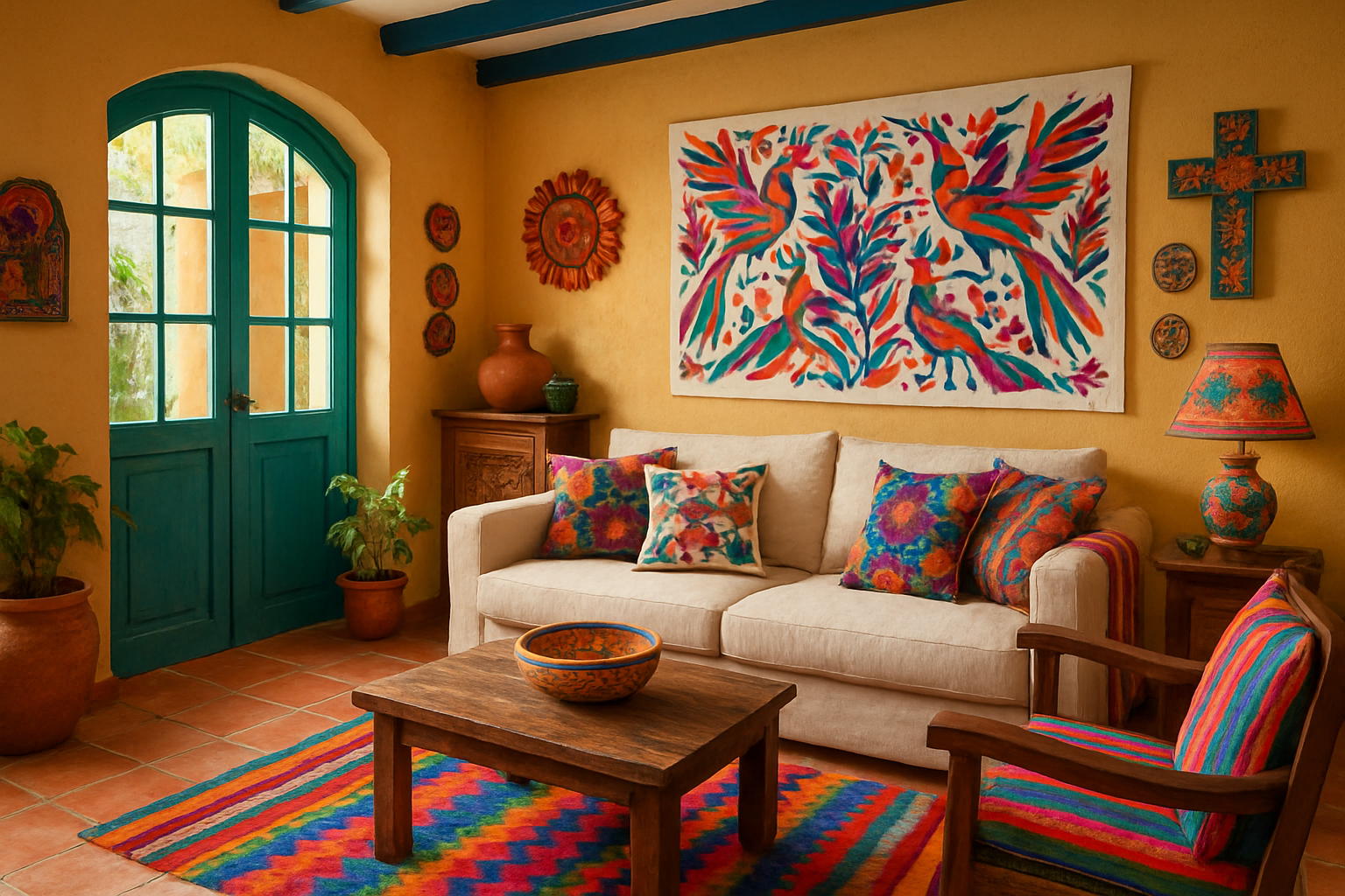 Sala de casa mexicana con textiles y elementos artesanales arte en papel y colores vivos que reflejan autenticidad y cultura local-1
