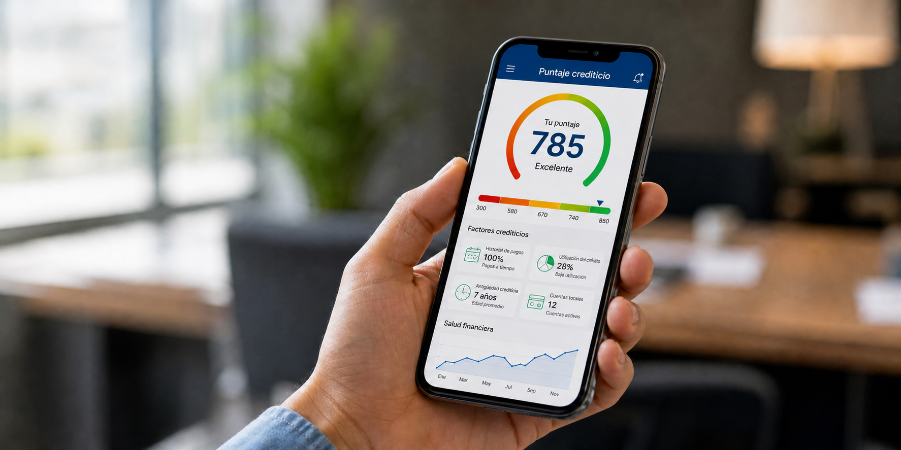 Mano sosteniendo un teléfono inteligente mientras consulta su score crediticio en una aplicación financiera..