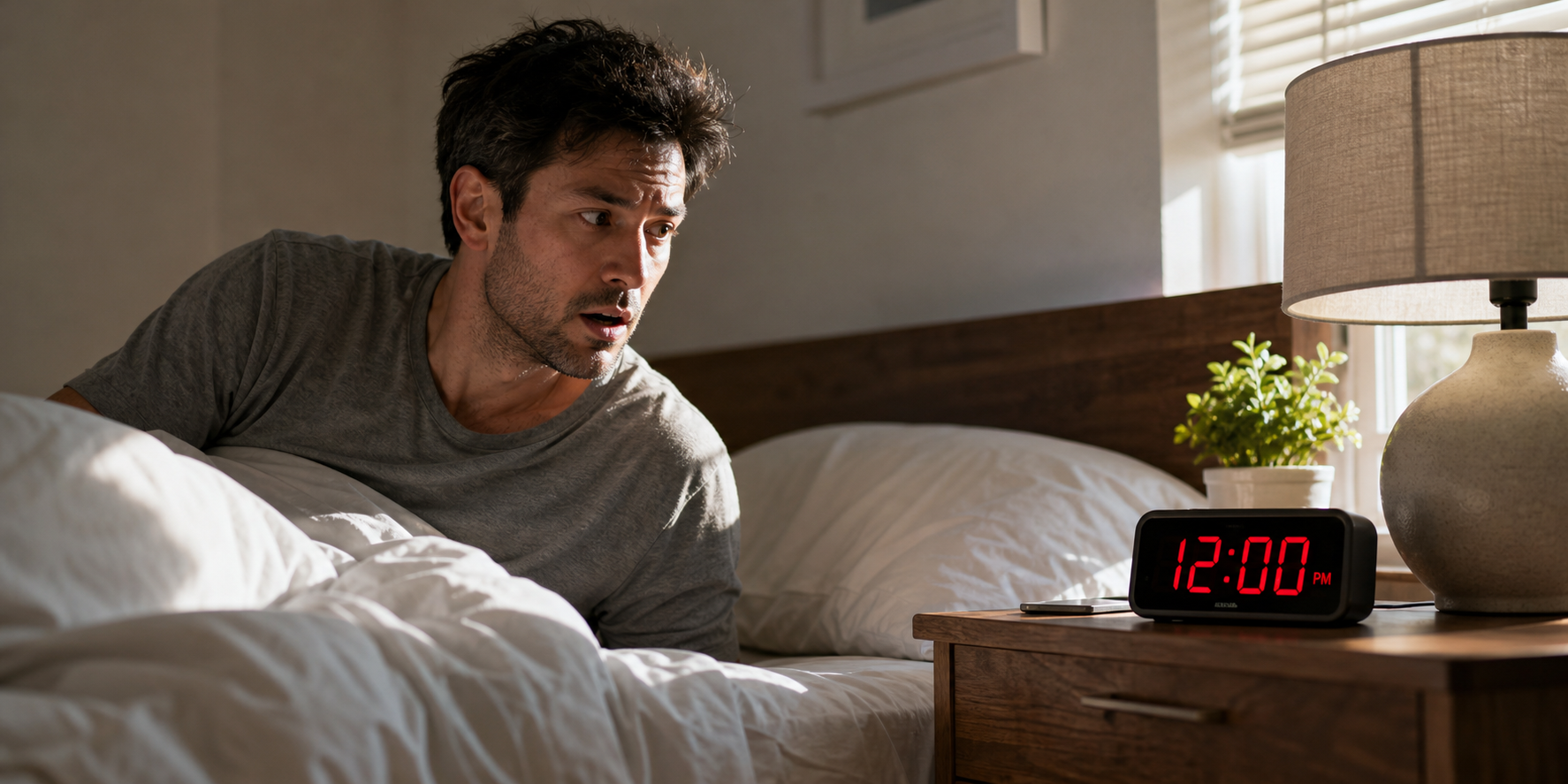Hombre despertando tarde en su cama, con expresión de sorpresa y preocupación al darse cuenta de que ha dormido demasiado.
