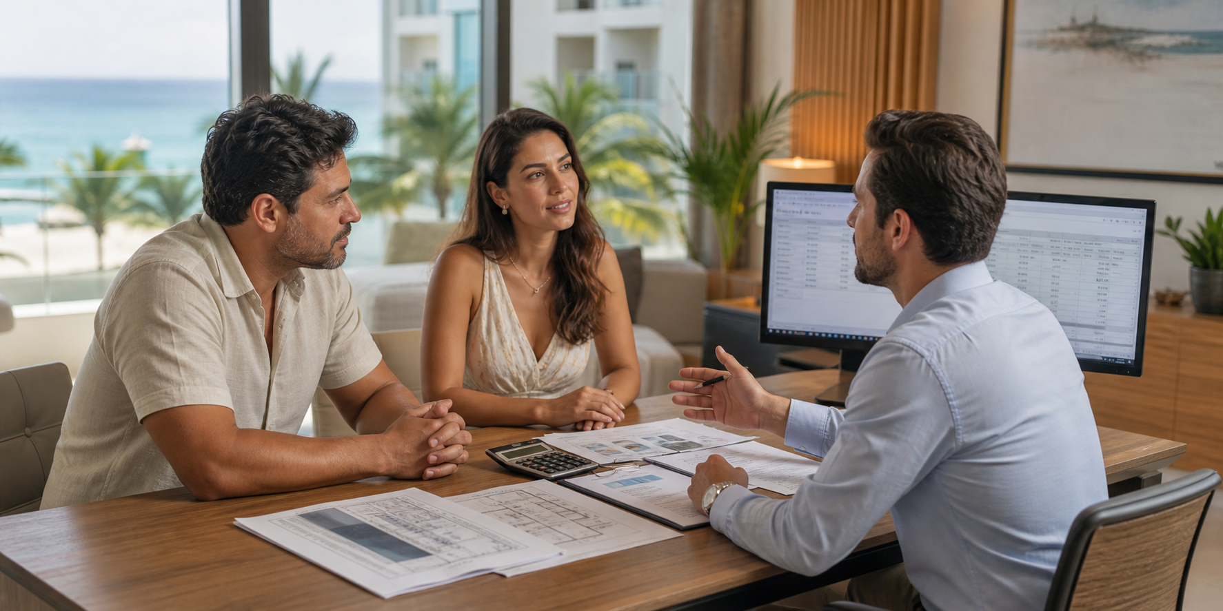 Tropical Couple Discussing Home Purchase in Modern Office