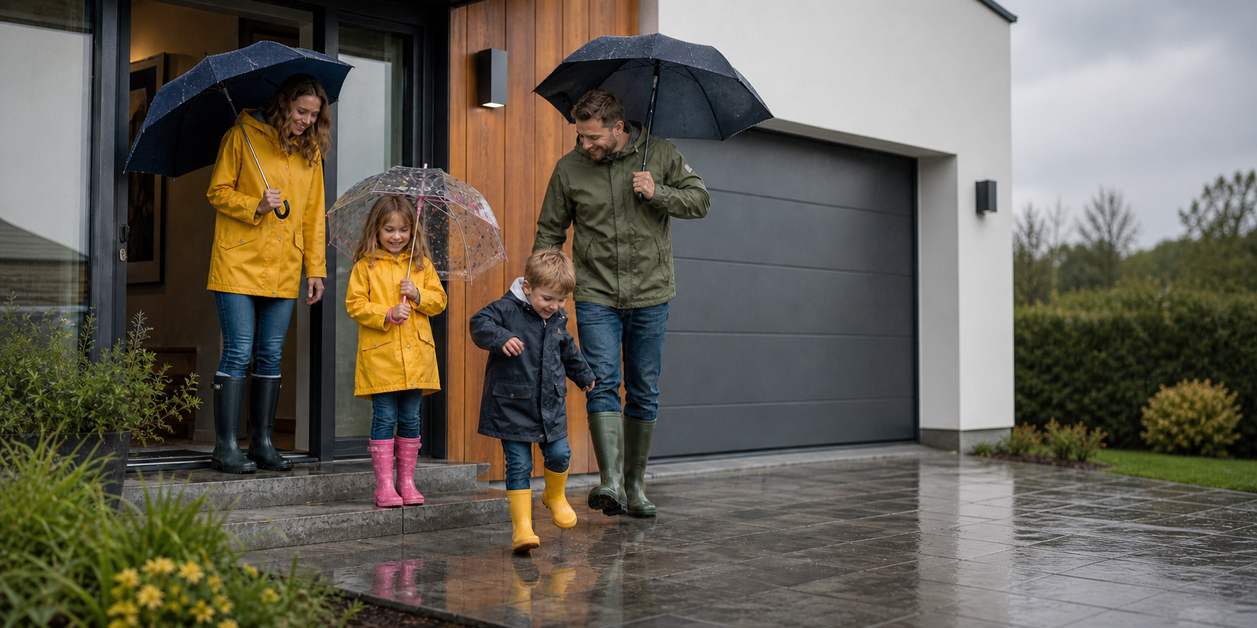 Una familia de cuatro personas en la puerta de su casa preparándose para salir bajo la lluvia. Todos llevan impermeables, botas de lluvia y paraguas.