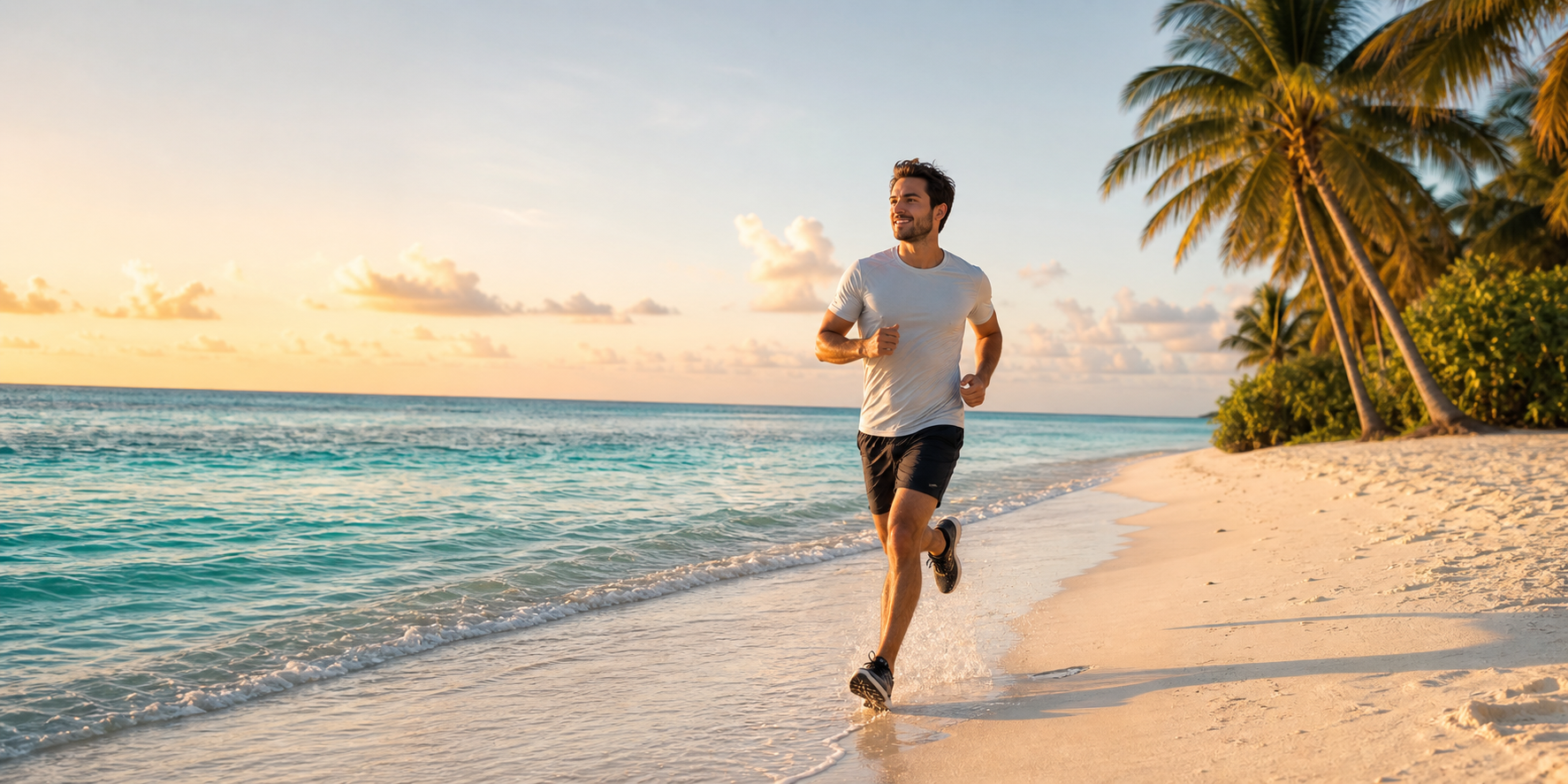 Un hombre corriendo por una playa de arena blanca con el mar Caribe de fondo.