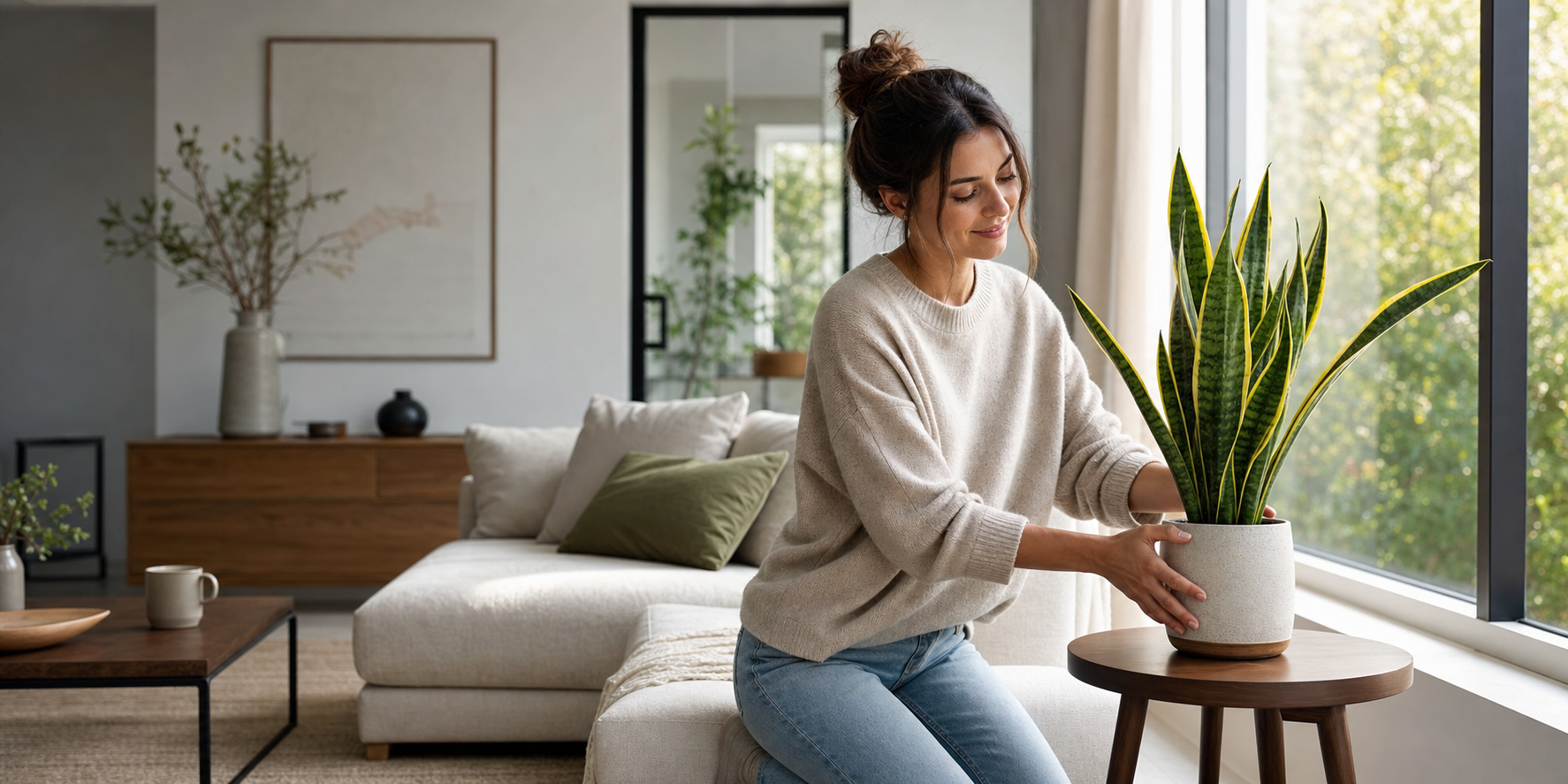 Woman Decorating Modern Cozy Living Room with Snake Plant in Decorative Pot