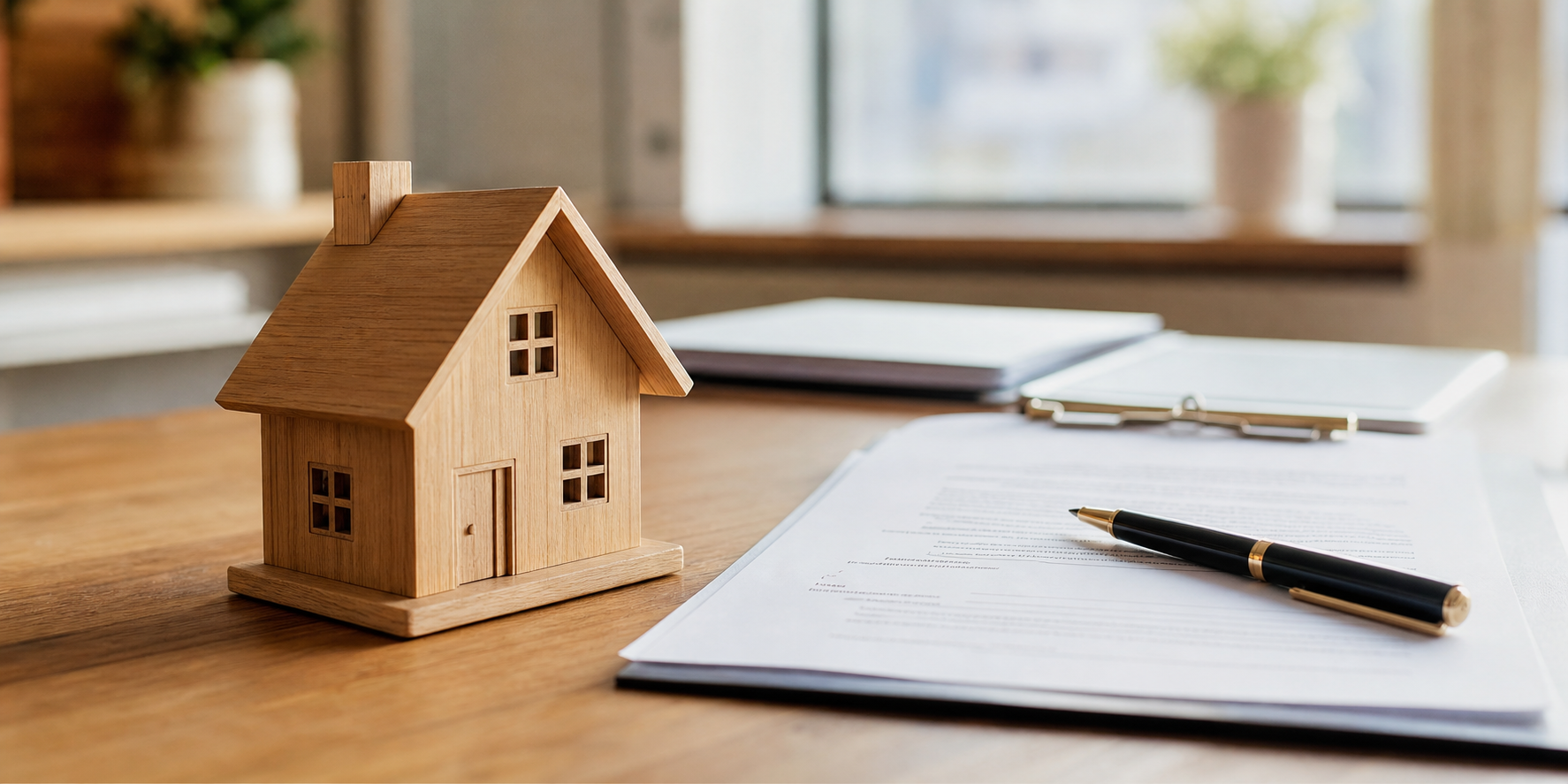 Casa de madera en miniatura sobre una mesa de escritorio. A un lado de la casa hay varios documentos inmobiliarios.