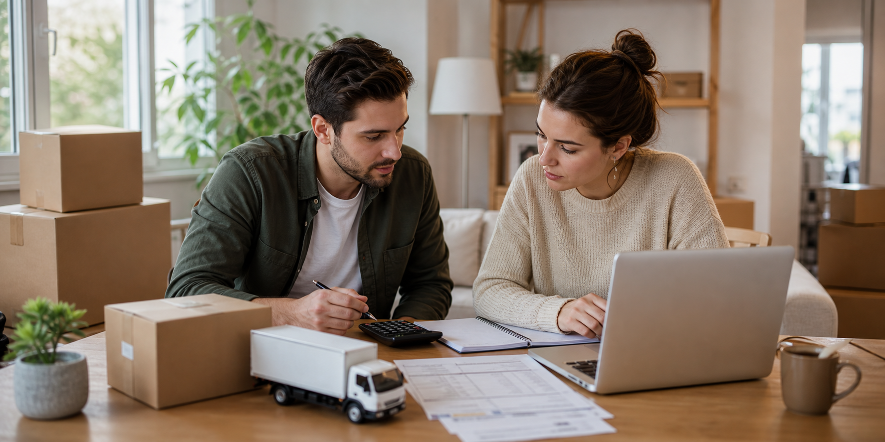 Young Couple Budgeting Move with Boxes and Calculator