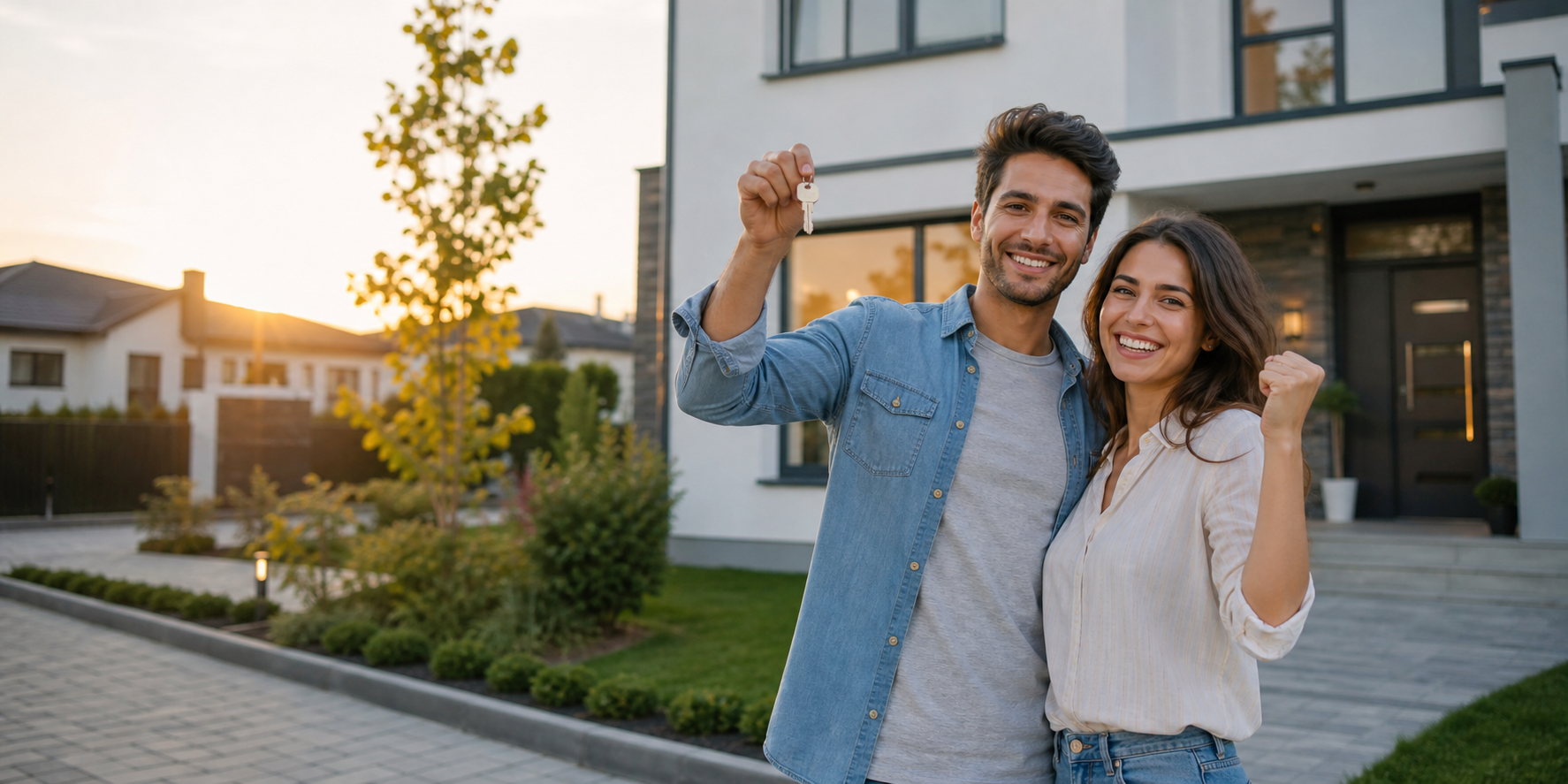 Young Couple Celebrating New Home in Modern Residential Development
