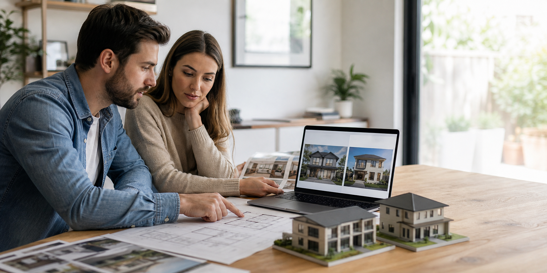 Young Couple Comparing Duplex and TwoStory House Options