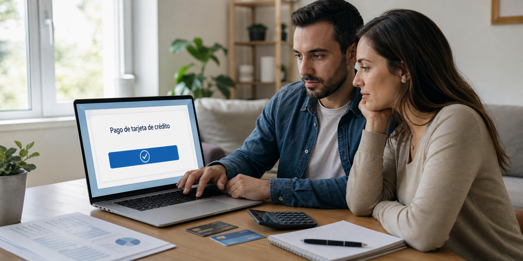 Una pareja joven sentada frente a una computadora portátil, realizando juntos el pago de su tarjeta de crédito desde el sitio web de un banco.