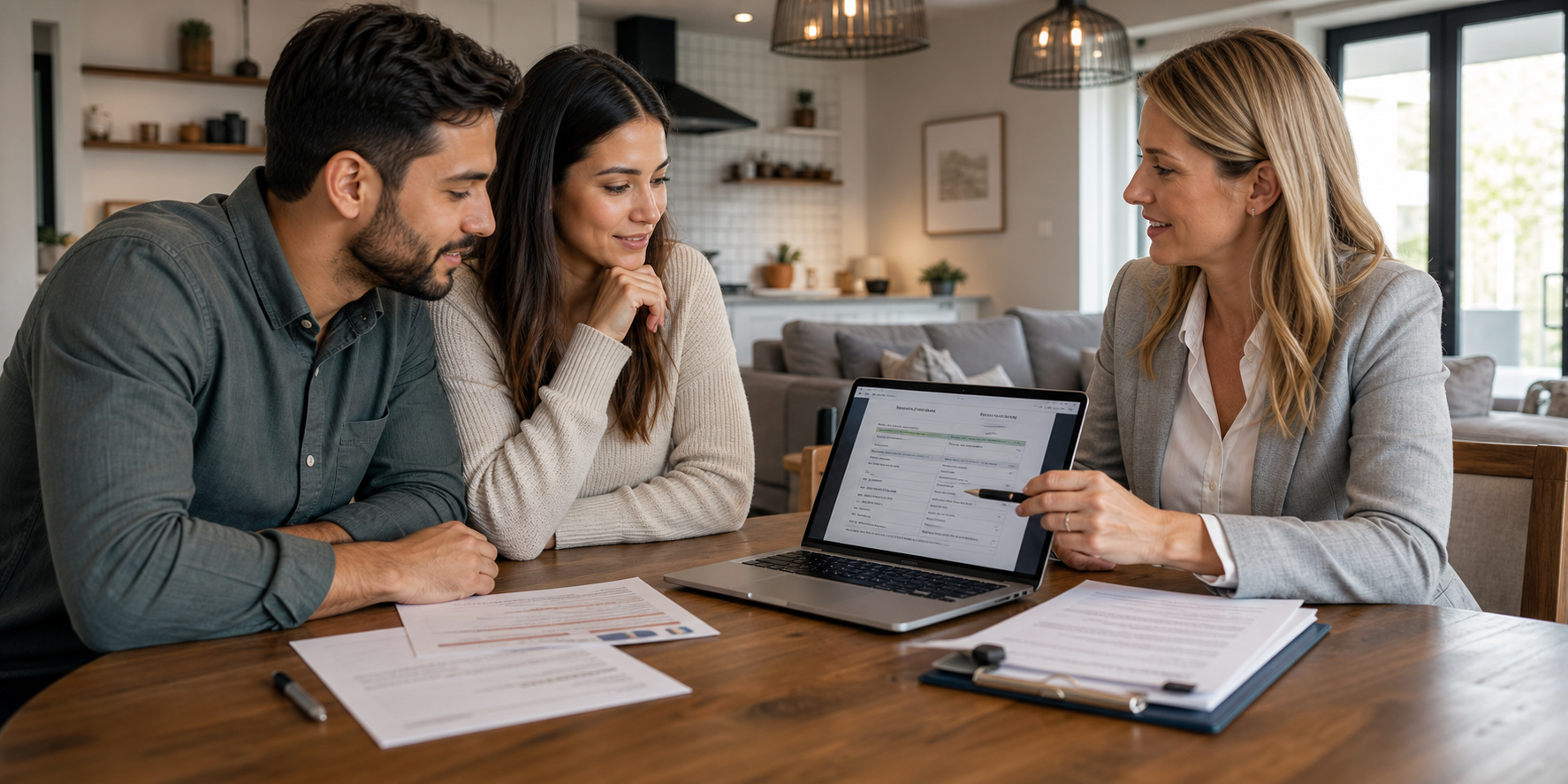 Pareja joven realizando la precalificación para comprar su casa, sentada en una mesa de comedor moderna junto a un asesor inmobiliario, revisando documentos financieros.