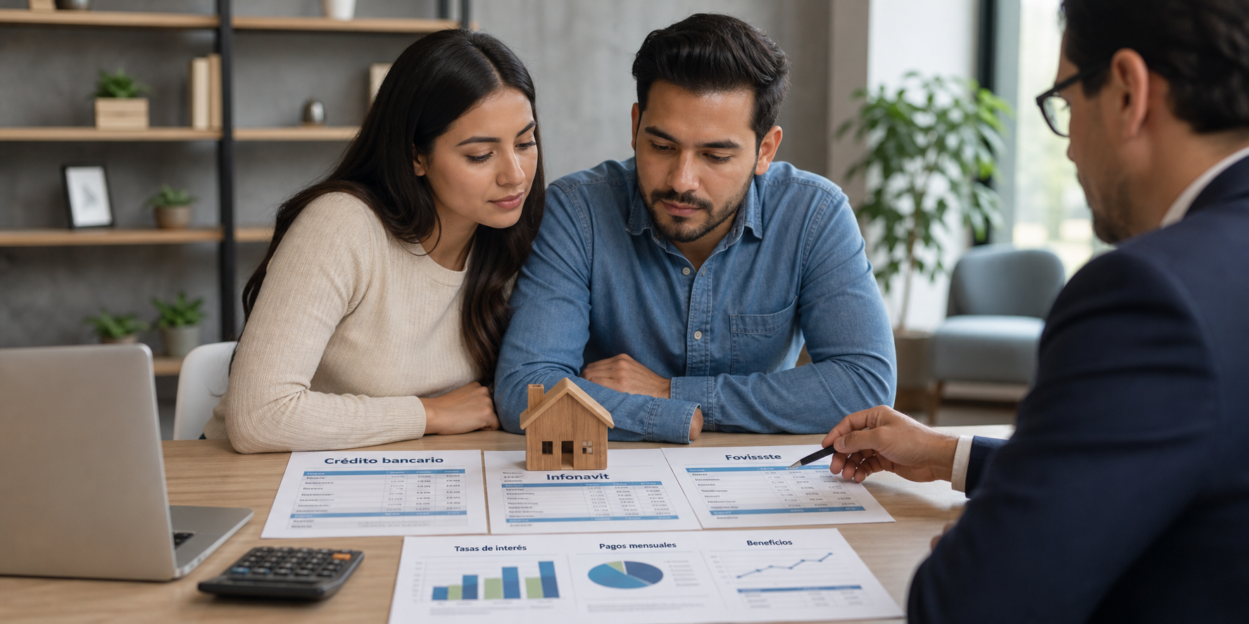 en sentada frente a un escritorio, comparando diferentes opciones de financiamiento para comprar su primera casa.