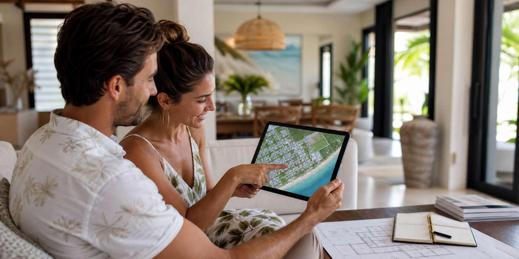 Una pareja joven con vestimenta ligera tropical revisando en una tablet la ubicación de su futura casa utilizando un mapa digital estilo Google Maps.