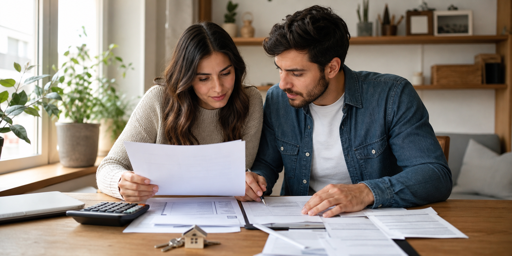 Una pareja joven sentada frente a una mesa revisando cuidadosamente los documentos necesarios para comprar una casa.