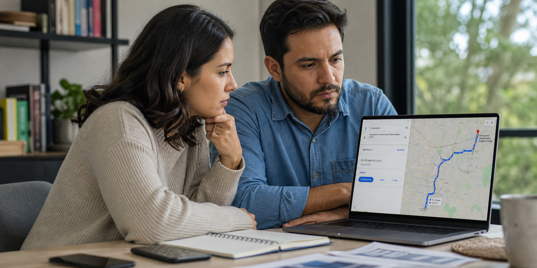 Una pareja joven sentada frente a una computadora portátil, revisando Google Maps para consultar la ruta desde su casa hasta el AIFA.