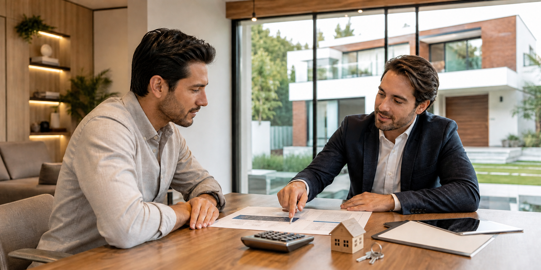 Hombre sentado frente a un asesor inmobiliario, conversando sobre los gastos iniciales y el enganche para comprar su casa.