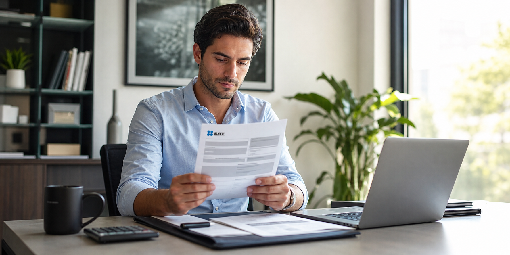 Hombre joven sosteniendo una Constancia de Situación Fiscal del SAT mientras revisa sus documentos para un trámite financiero o solicitud de crédito hipotecario.