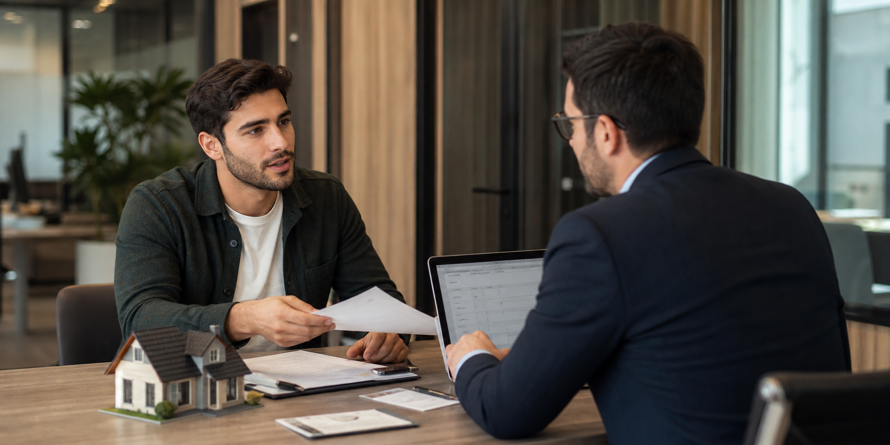 Young Man Seeking Mortgage Approval in Modern Bank Office