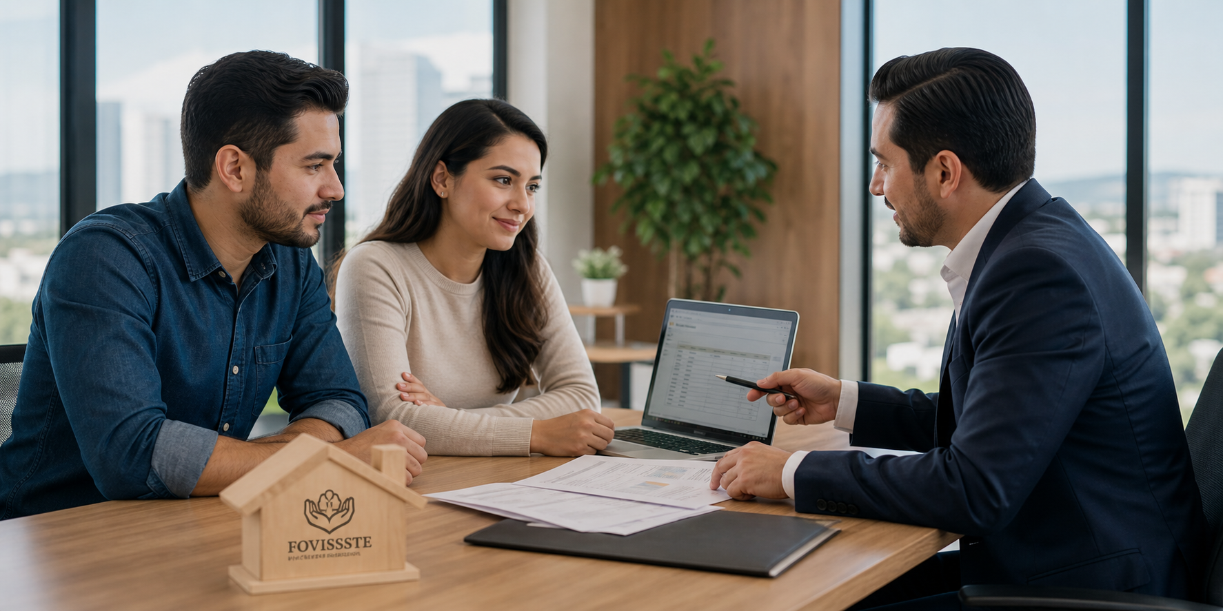 Una pareja joven sentados frente a&nbsp;un asesor hipotecario, conversando sobre las&nbsp;opciones de un&nbsp;crédito FOVISSSTE para&nbsp;comprar una vivienda.&nbsp;Young Mexican Couple Discussing Housing Loan with Financial Advisor-1