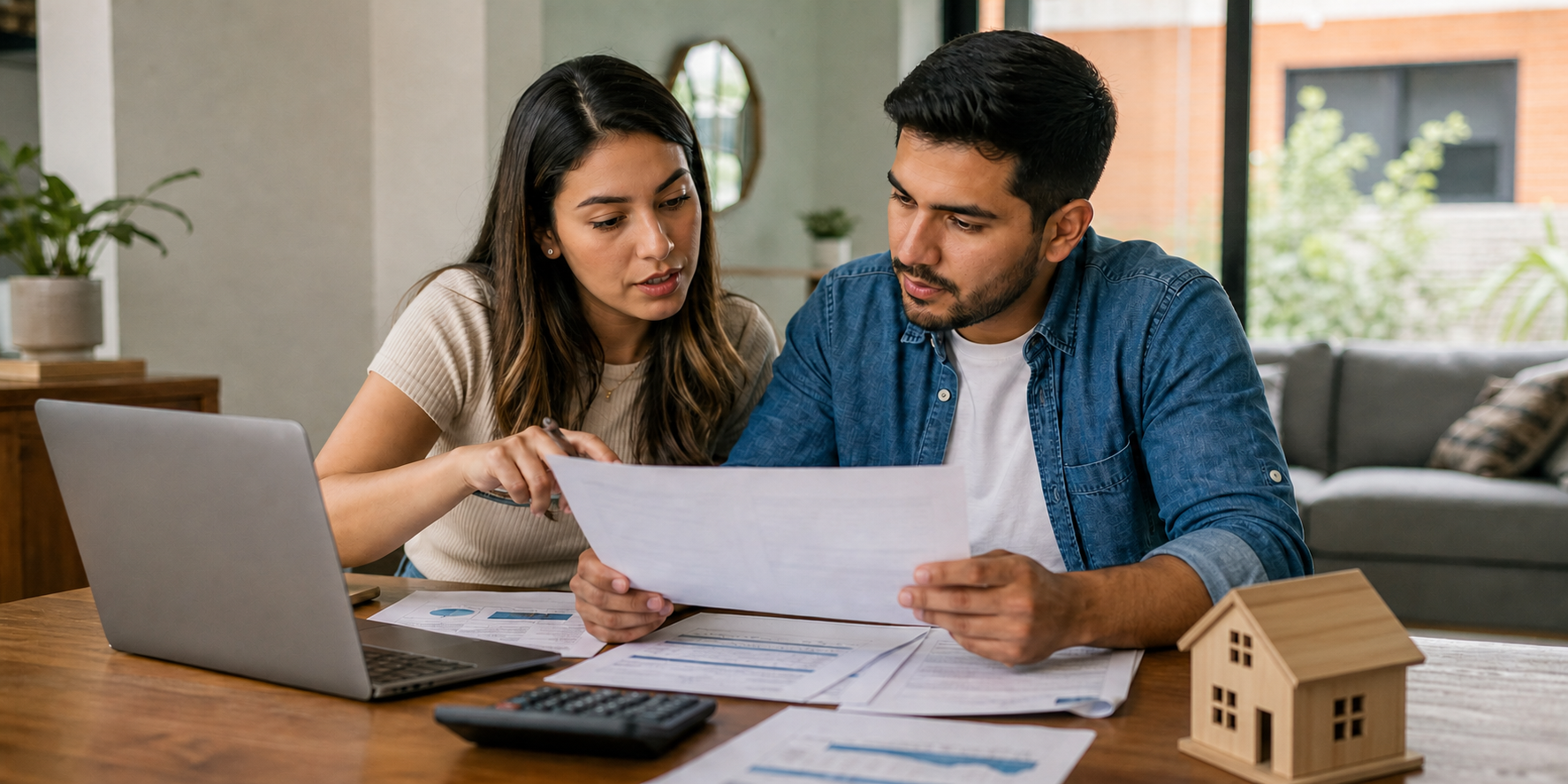 Pareja revisa&nbsp;cuidadosamente varios documentos&nbsp;financieros, comparando tasas&nbsp;de interés, mensualidades y condiciones&nbsp;de distintos créditos&nbsp;hipotecarios.