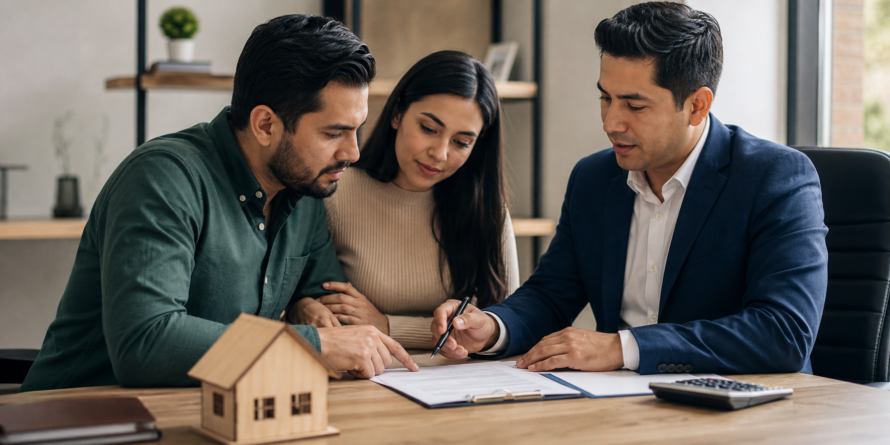 Una pareja sentada junto a un asesor hipotecario profesional, revisando cuidadosamente un contrato de crédito hipotecario antes de firmarlo para comprar su primera casa.