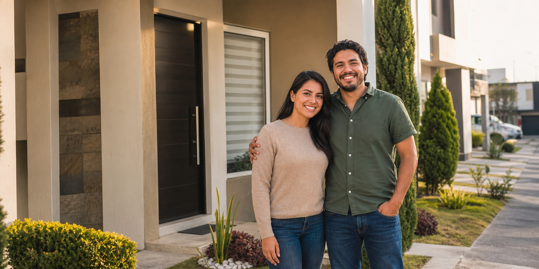 Pareja joven afuera de su casa en Coacalco, Estado de México. Ambos están de pie frente a la entrada de su vivienda, sonriendo con naturalidad.