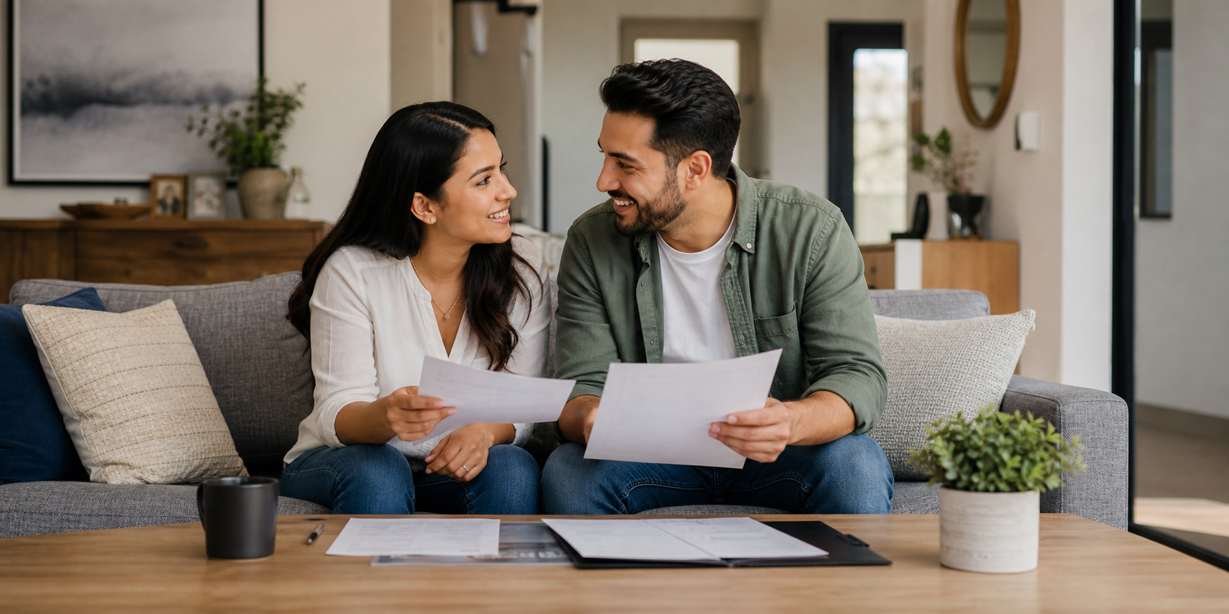 Pareja joven mexicana en la sala de su nueva casa, celebrando la compra de su vivienda al unir sus créditos Infonavit.
